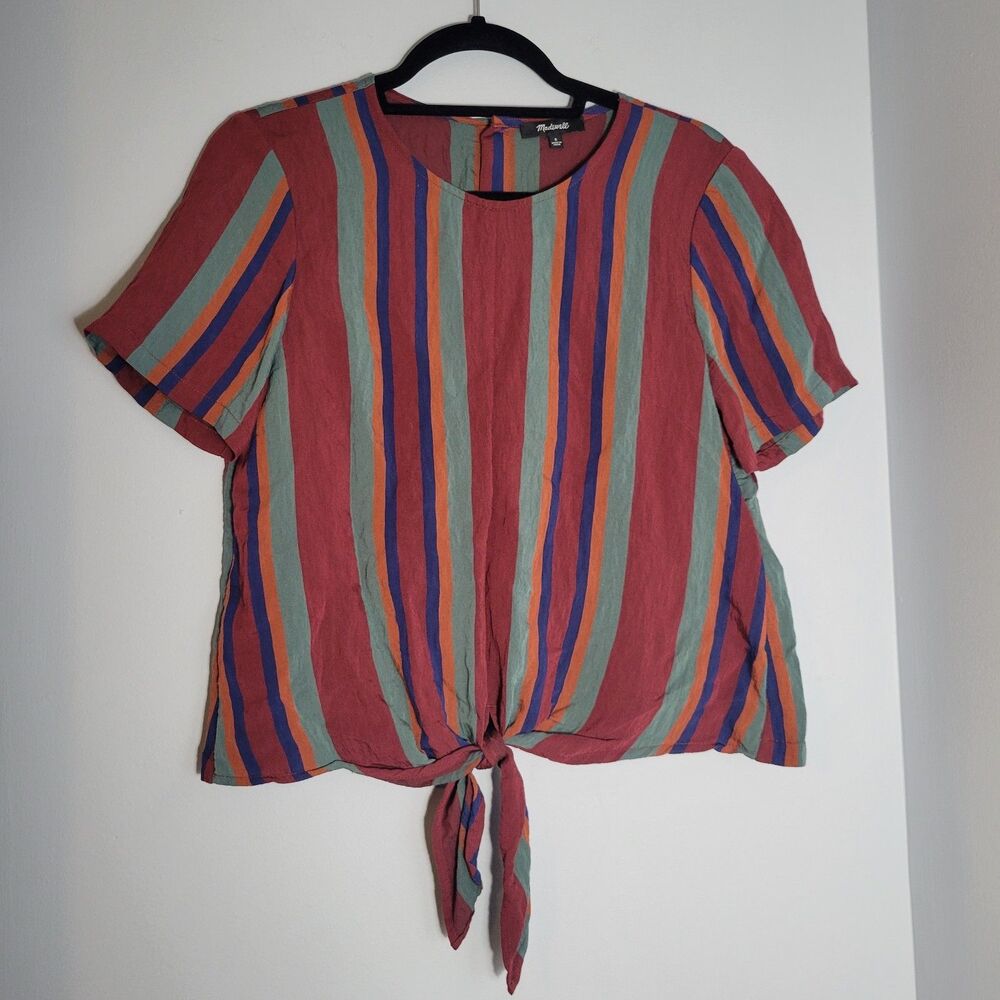 Madewell Burgundy Navy Striped Back Button Tie Front Viscose Blend Blouse Size S